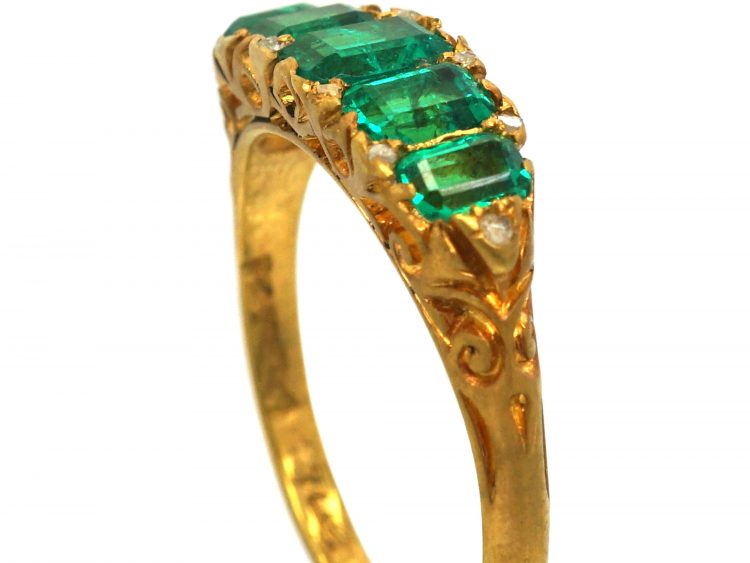Victorian 18ct Gold, Five Stone Emerald Carved Half Hoop Ring