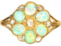 Edwardian 18ct Gold, Opal & Diamond Cluster Ring