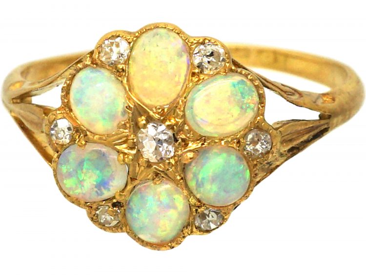 Edwardian 18ct Gold, Opal & Diamond Cluster Ring