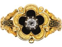 Georgian 18ct Gold & Black Enamel Mourning Ring with Pansy Motif set with a Diamond