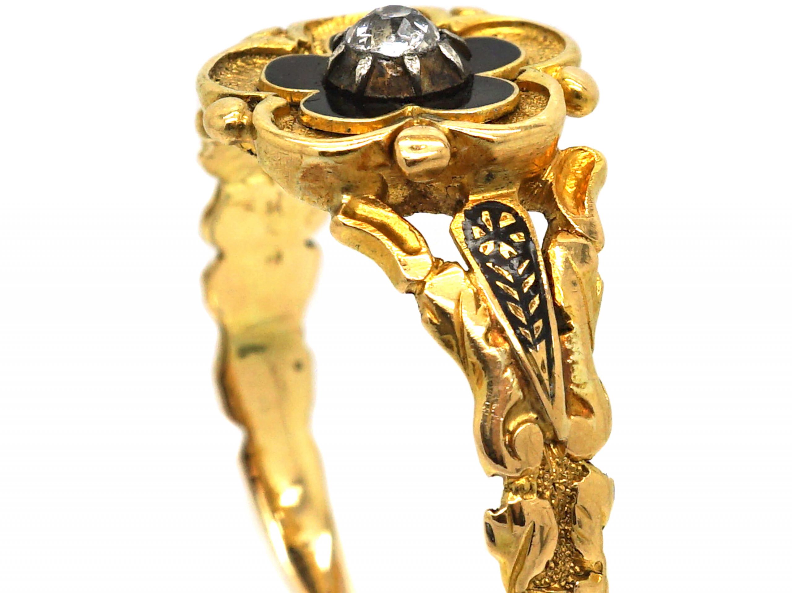 18ct Gold & Black Enamel Mourning Ring with Pansy Motif set