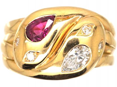 Edwardian 18ct Gold Double Snake Ring set with Diamonds & a Ruby