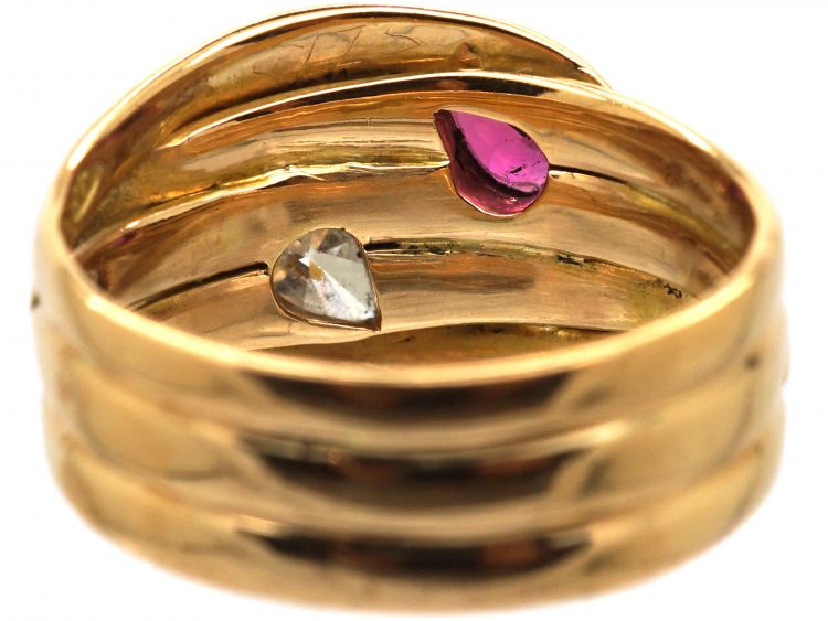 Edwardian 18ct Gold Double Snake Ring set with Diamonds & a Ruby