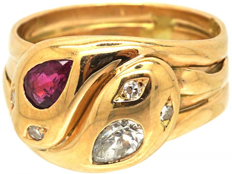 Edwardian 18ct Gold Double Snake Ring set with Diamonds & a Ruby