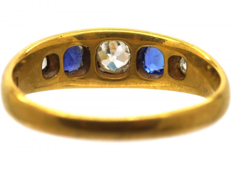 Victorian 18ct Gold, Sapphire & Diamond Five Stone Rub Over Set Ring