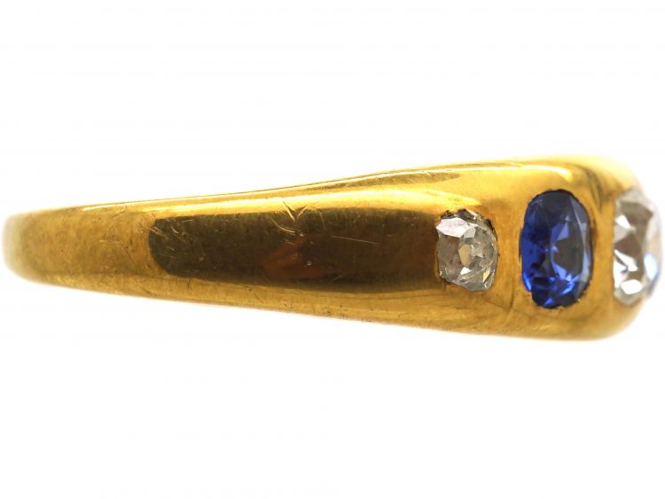 Victorian 18ct Gold, Sapphire & Diamond Five Stone Rub Over Set Ring