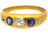 Victorian 18ct Gold, Sapphire & Diamond Five Stone Rub Over Set Ring