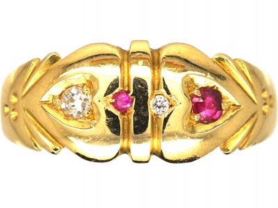Edwardian 18ct Gold Double Heart Ring set with Diamonds & Rubies