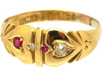 Edwardian 18ct Gold Double Heart Ring set with Diamonds & Rubies