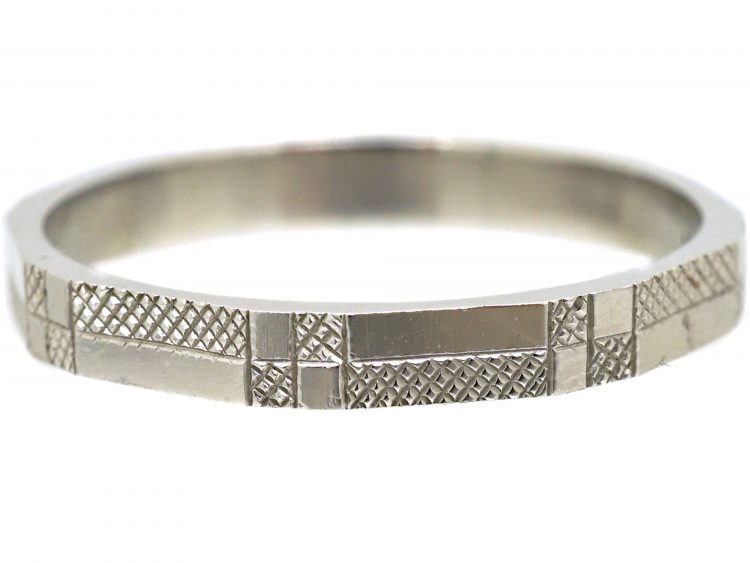 Art Deco Platinum Hexagonal Wedding Ring with Hob Nail Motif