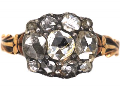 Georgian Diamond Cluster Ring with Flower Motifs on the Shoulders