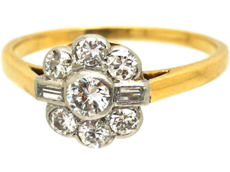 Edwardian 18ct Gold & Platinum Cluster Ring set with Round & Baguette Diamonds