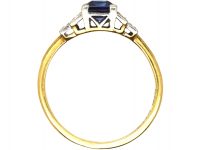 Art Deco 18ct Gold & Platinum, Sapphire Ring with Step Cut Diamond Shoulders