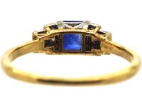 Art Deco 18ct Gold & Platinum, Sapphire Ring with Step Cut Diamond Shoulders