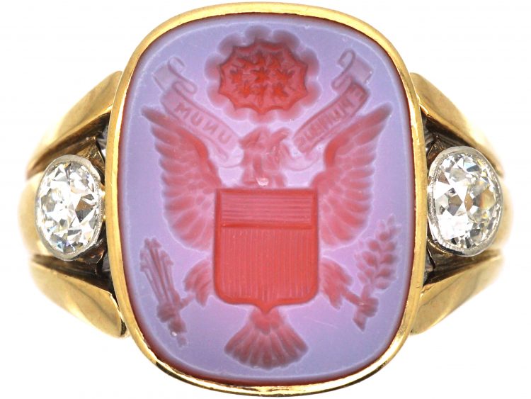 Early 20th Century 14ct Gold, Diamond & Carnelian Ring with a Carved Intaglio of an Eagle