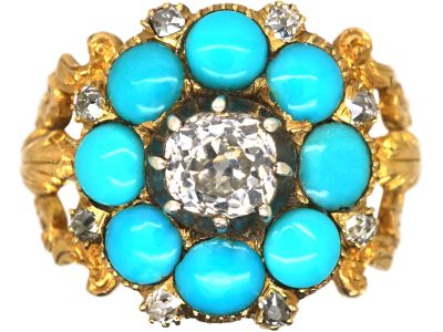 Georgian 18ct Gold, Turquoise & Diamond Cluster Ring