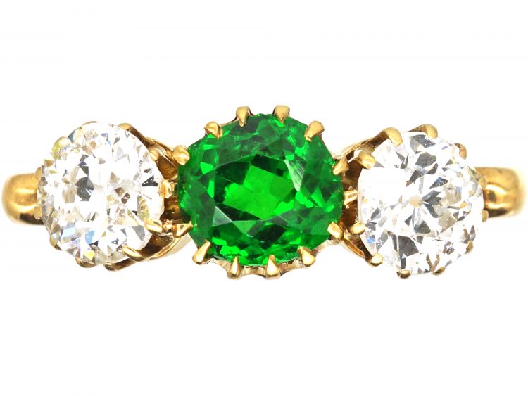 Edwardian 18ct Gold, Green Garnet & Diamond Three Stone Ring