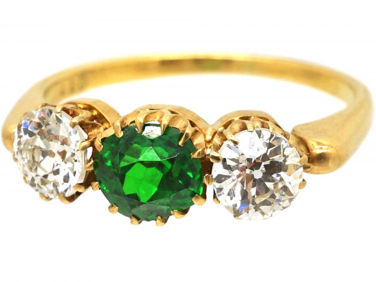 Edwardian 18ct Gold, Green Garnet & Diamond Three Stone Ring