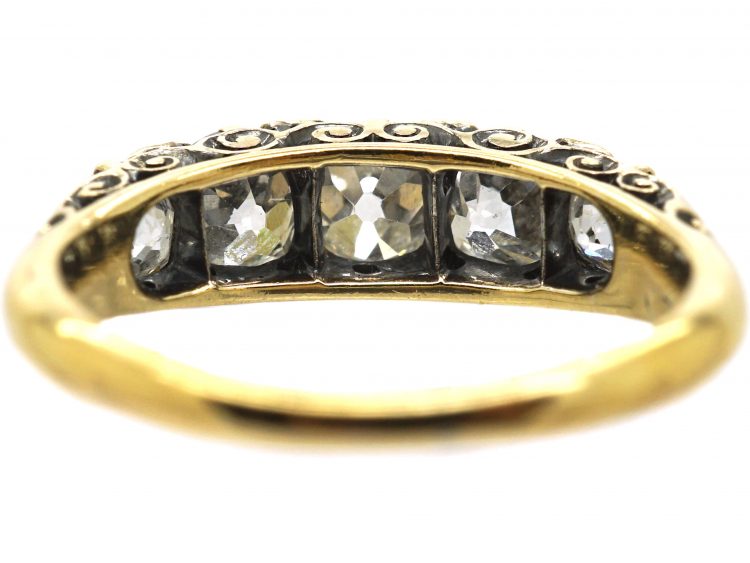 Victorian 18ct Gold, Five Stone Old Mine Cut Diamond Carved Half Hoop Ring