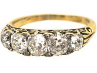 Victorian 18ct Gold, Five Stone Old Mine Cut Diamond Carved Half Hoop Ring