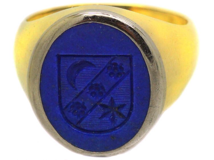 18ct Gold & Lapis Signet Ring with Intaglio of the Moon, a Star & Roses