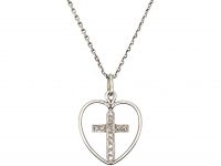 French Early 20th Century Platinum Heart & Cross Pendant set with Diamonds on a Platinum Chain