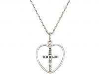 French Early 20th Century Platinum Heart & Cross Pendant set with Diamonds on a Platinum Chain