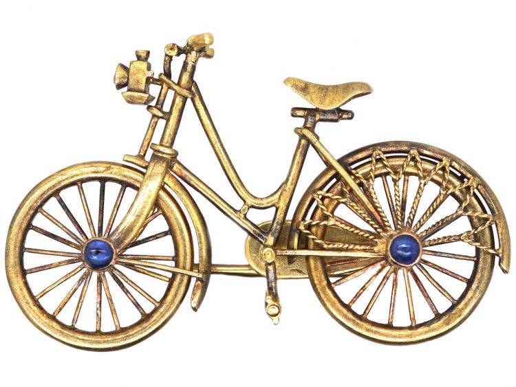 Edwardian 15ct Gold Bicycle Brooch set with Cabochon Sapphires & a Rose Diamond