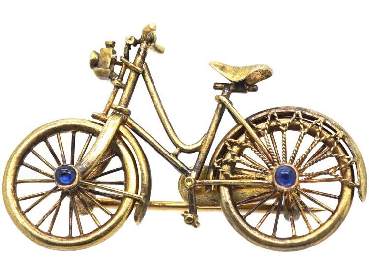 Edwardian 15ct Gold Bicycle Brooch set with Cabochon Sapphires & a Rose Diamond