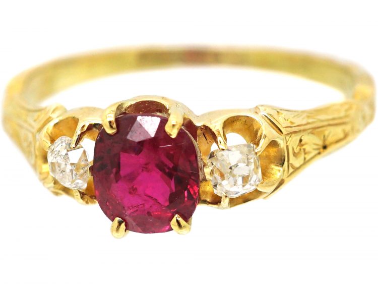 Early 19th Century 18ct Gold, Ruby & Diamond Ring with Engraved Shank