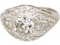 Art Deco Platinum Solitaire Diamond Ring with Wave Detail