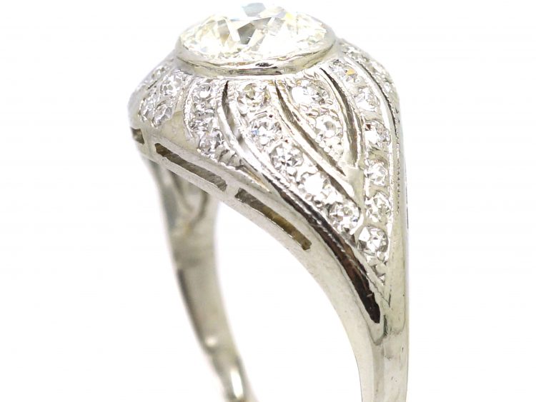 Art Deco Platinum Solitaire Diamond Ring with Wave Detail