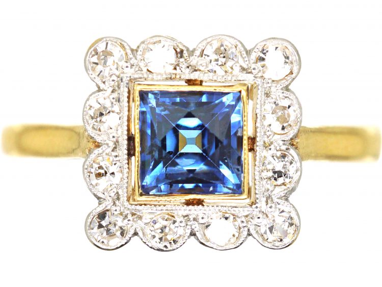 Art Deco 18ct Gold & Platinum, Square Ring set with a French Cut Sapphire & Diamonds