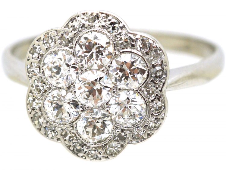 Edwardian Platinum, Diamond Custer Ring with Scalloped Edge