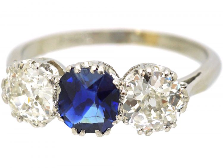 Early 20th Century Platinum, Sapphire & Diamond Three Stone Ring