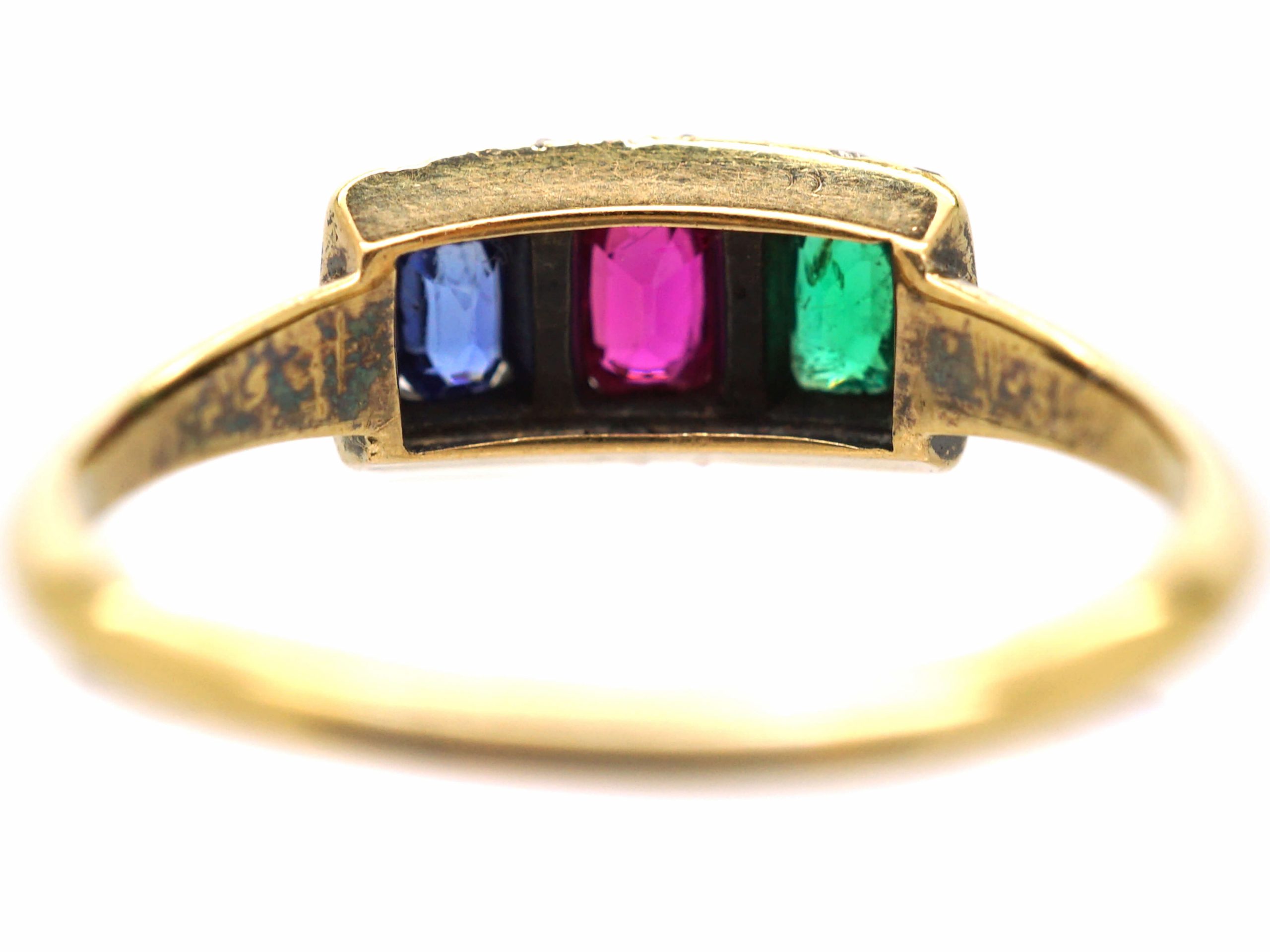 Edwardian 18ct Gold, Ruby, Emerald, Sapphire & Rose Diamond Triple Ring ...