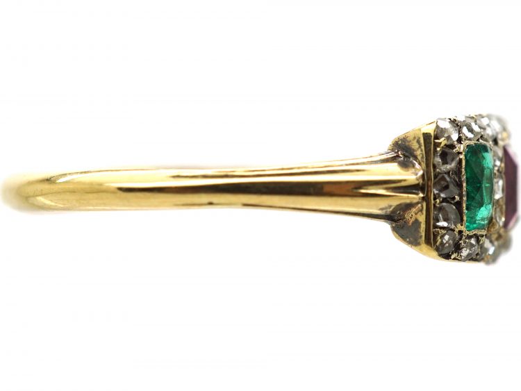 Edwardian 18ct Gold, Ruby, Emerald, Sapphire & Rose Diamond Triple Ring