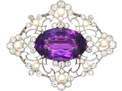 Edwardian Platinum, Amethyst, Bouton Pearls & Diamonds Pendant Brooch