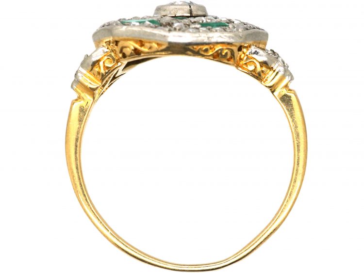 French 18ct Gold & Platinum, Art Deco Emerald & Diamond Octagonal Shaped Ring with Diamond Set Leaf Shoulders