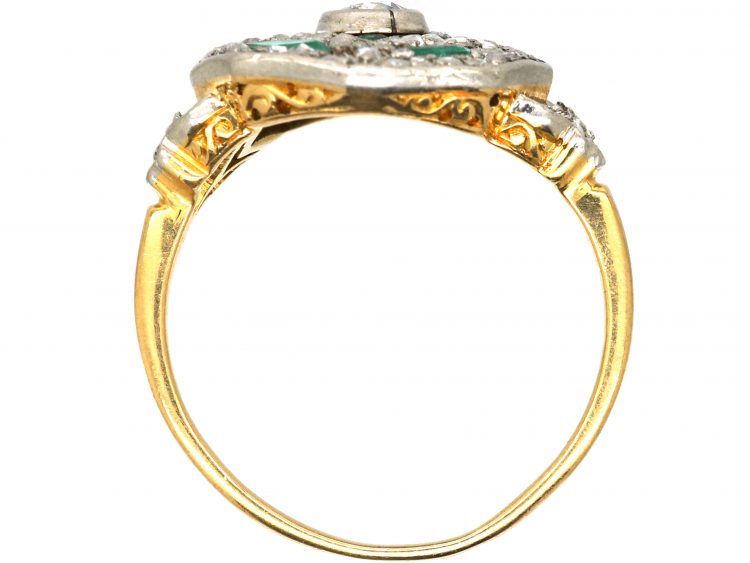 French 18ct Gold & Platinum, Early 20th Century Emerald & Diamond Octagonal Shaped Ring with Diamond Set Leaf Shoulders