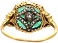 French 18ct Gold & Platinum, Early 20th Century Emerald & Diamond Octagonal Shaped Ring with Diamond Set Leaf Shoulders