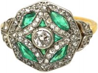 French 18ct Gold & Platinum, Art Deco Emerald & Diamond Octagonal Shaped Ring with Diamond Set Leaf Shoulders