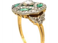 French 18ct Gold & Platinum, Early 20th Century Emerald & Diamond Octagonal Shaped Ring with Diamond Set Leaf Shoulders