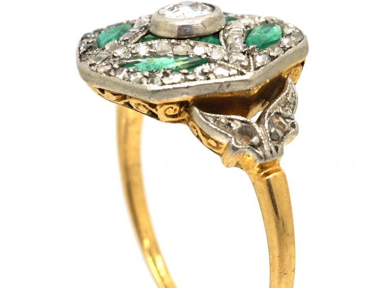 French 18ct Gold & Platinum, Art Deco Emerald & Diamond Octagonal Shaped Ring with Diamond Set Leaf Shoulders