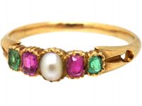 Early 19th Century 18ct Gold, Emerald, Natural Pearl & Ruby Ring