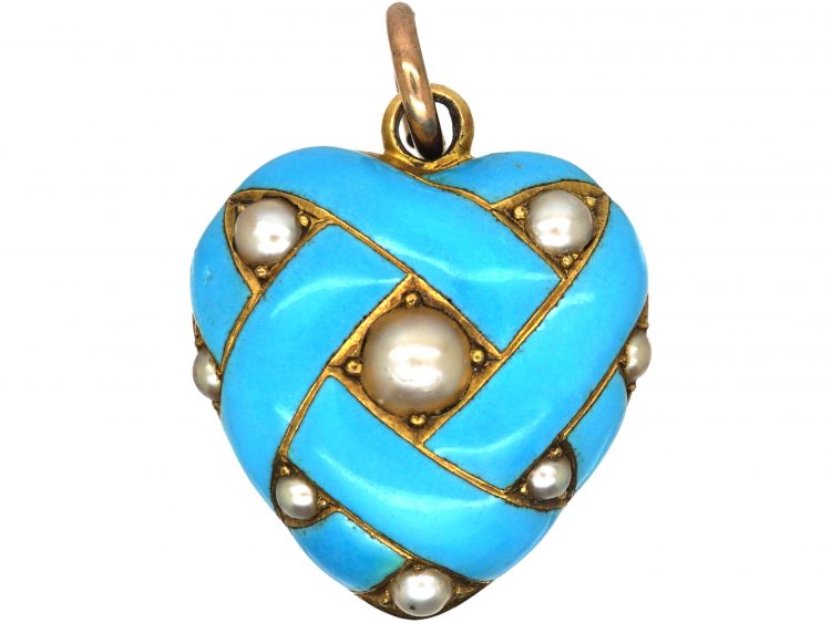 Victorian 15ct Gold & Blue Enamel Heart Shaped Pendant set with Natural Split Pearls with a Locket on the Reverse