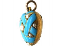 Victorian 15ct Gold & Blue Enamel Heart Shaped Pendant set with Natural Split Pearls with a Locket on the Reverse