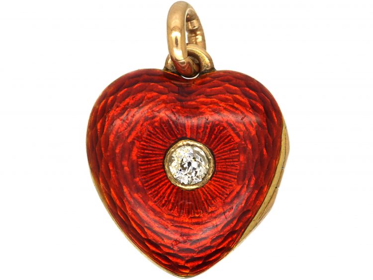Edwardian 15ct Gold & Red Enamel Heart Locket set with a Diamond