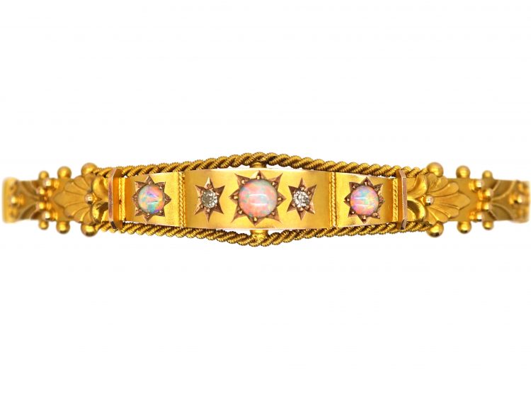 Edwardian 9ct Gold Etruscan Revival Bangle set with Opals & Diamonds