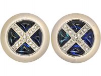French Art Deco Cabochon Sapphire, Rock Crystal & Rose Diamond Earrings